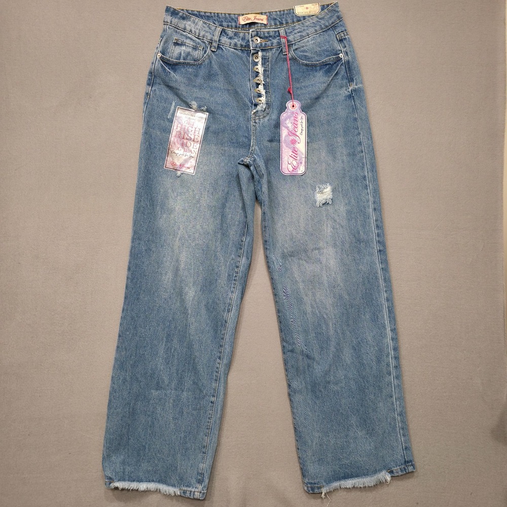 Elite Women's Buttonfly Wide Leg Distressed Denim Blue Jeans Sz 13/14 Inseam 31